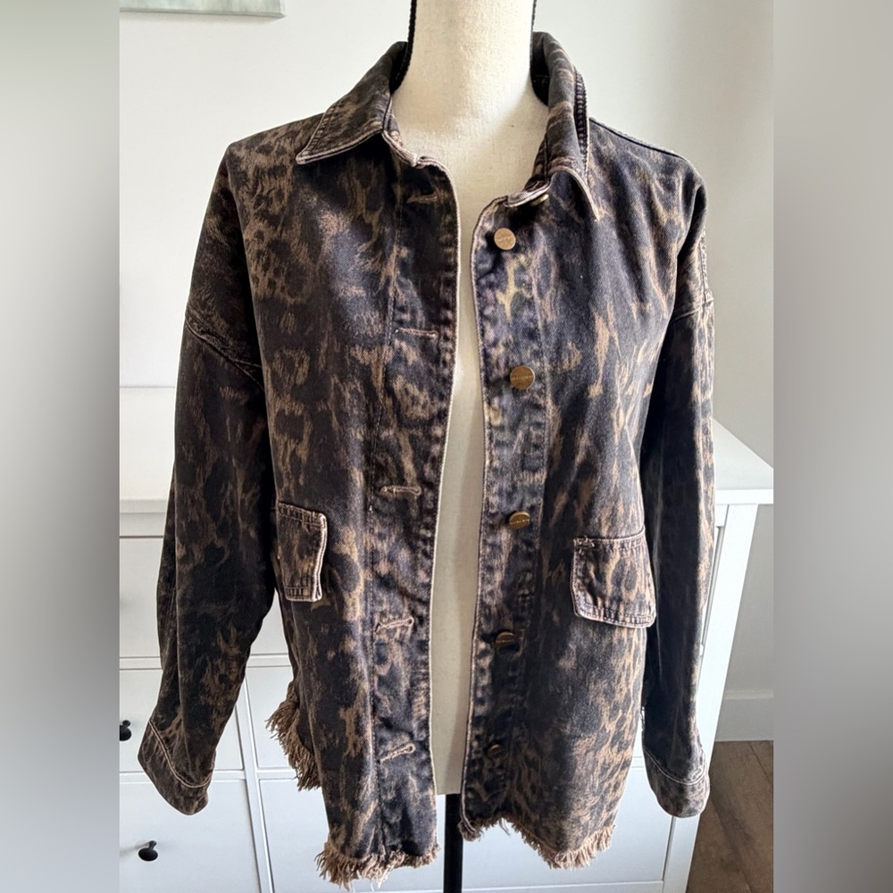All Saints Brown Leopard Print Denim Jacket